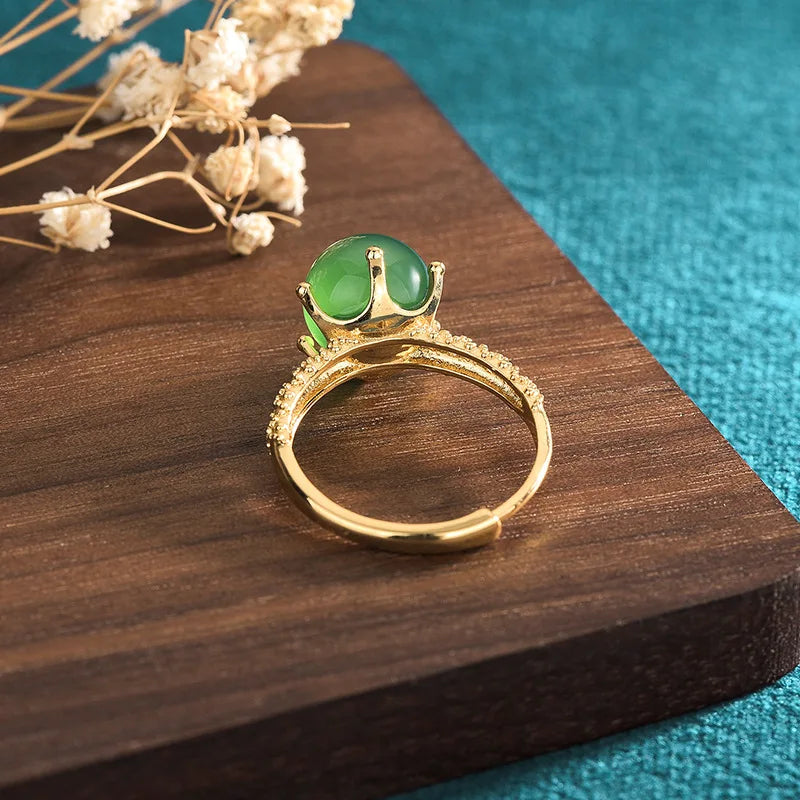 PANJBJ 925 Sterling Silver Hotan Jade Geometric Adjustable Ring | Retro Delicate Jewelry Gift for Women