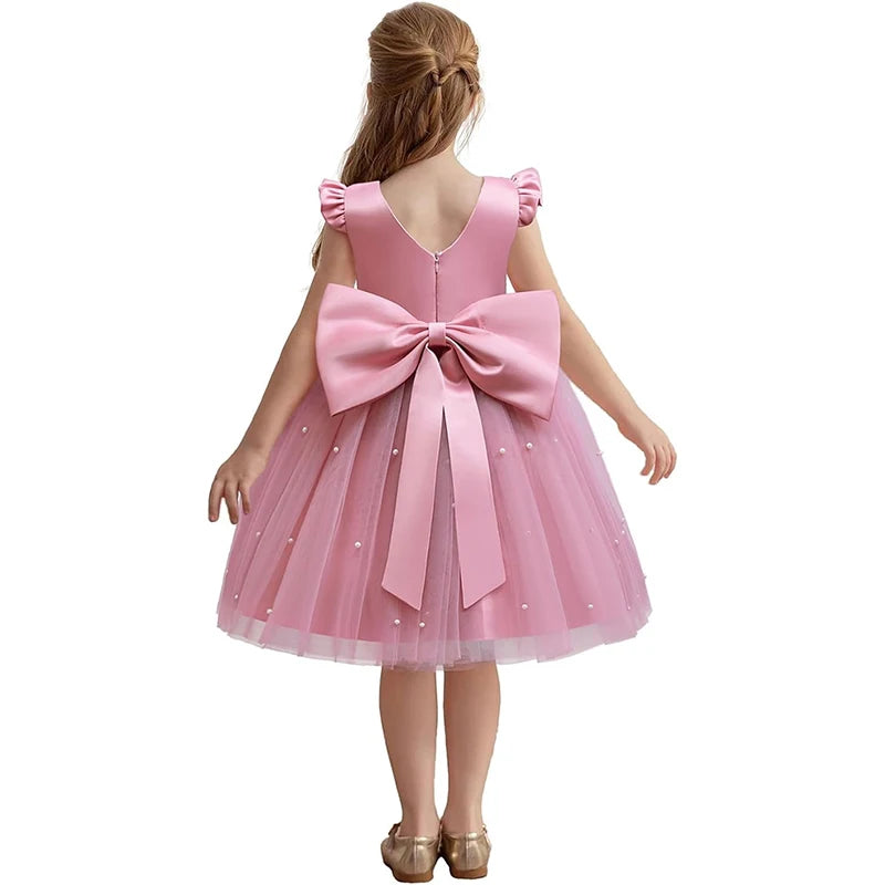 Hello Kitty Girls Pearls Dress – Elegant Princess Wedding Gown, Tulle Birthday Party Dress for Children 3-7Y
