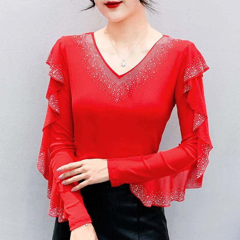 2025 Autumn Women’s Mesh Top – Korean Round Neck Ruffles & Diamond Detail Long Sleeve T-Shirt 🍂✨