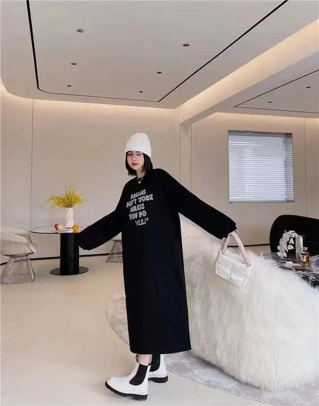 Lazy Person's Winter Sweatshirt Dress ❄️ Loose Casual Home & Outdoor Wear 👗 Personalized Letter Design 🌟