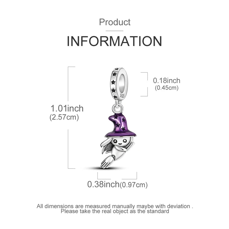 Halloween 925 Sterling Silver Charms | Pumpkin Skeleton Witch Bat Beads for Bracelet DIY Jewelry