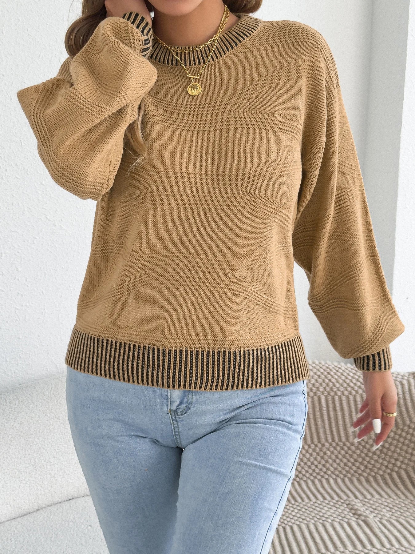 2025 Women’s Autumn Winter Round Neck Striped Sweater – Lantern Sleeve Knitted Pullover