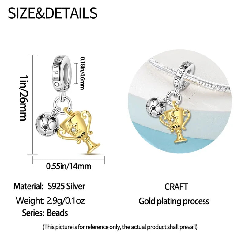 925 Sterling Silver Soccer Trophy Jersey Charm Beads – Fits 3mm Bracelets DIY Jewelry