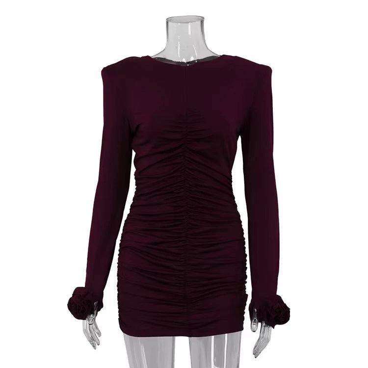 Sexy Pleated Long Sleeve Bodycon Dress – Drawstring Tight Fit High Waist Round Neck Spring Summer Women’s Commute Dress