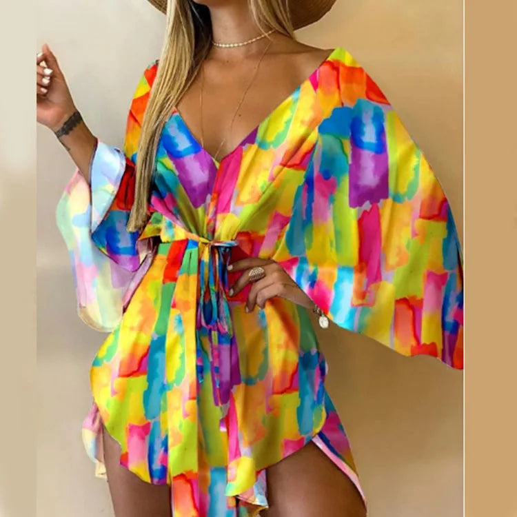 Women’s Floral Print V-Neck Bat Sleeve Dress – Sexy Bohemian Loose Mini Sundress