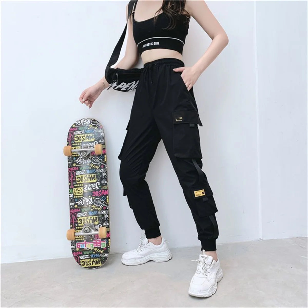 Black Cargo Pants for Women | High Waist Loose Joggers | Korean Hip Hop Streetwear Trousers