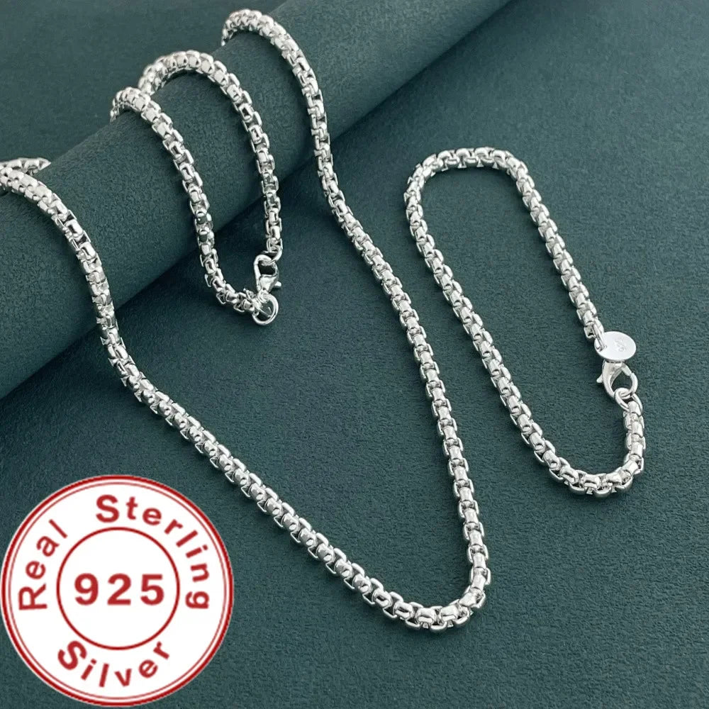 925 Sterling Silver 4MM Round Box Chain Bracelet & Necklace Set – Men & Women