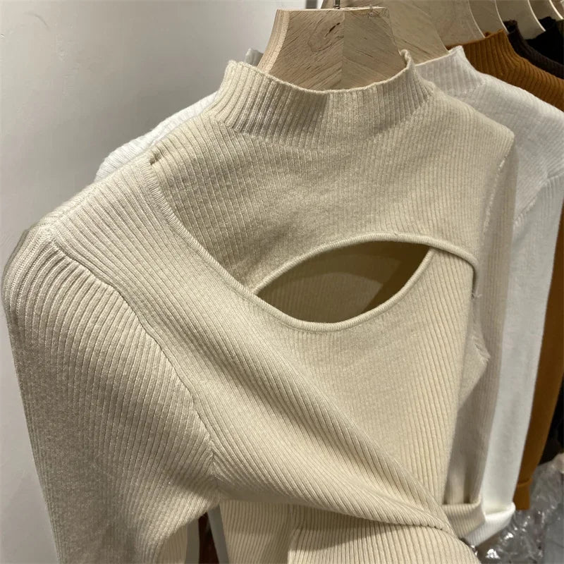 Women's Slim Knit Sweater | Autumn Winter Pullover Top | Long Sleeve Elastic Knitted Shirt for Women