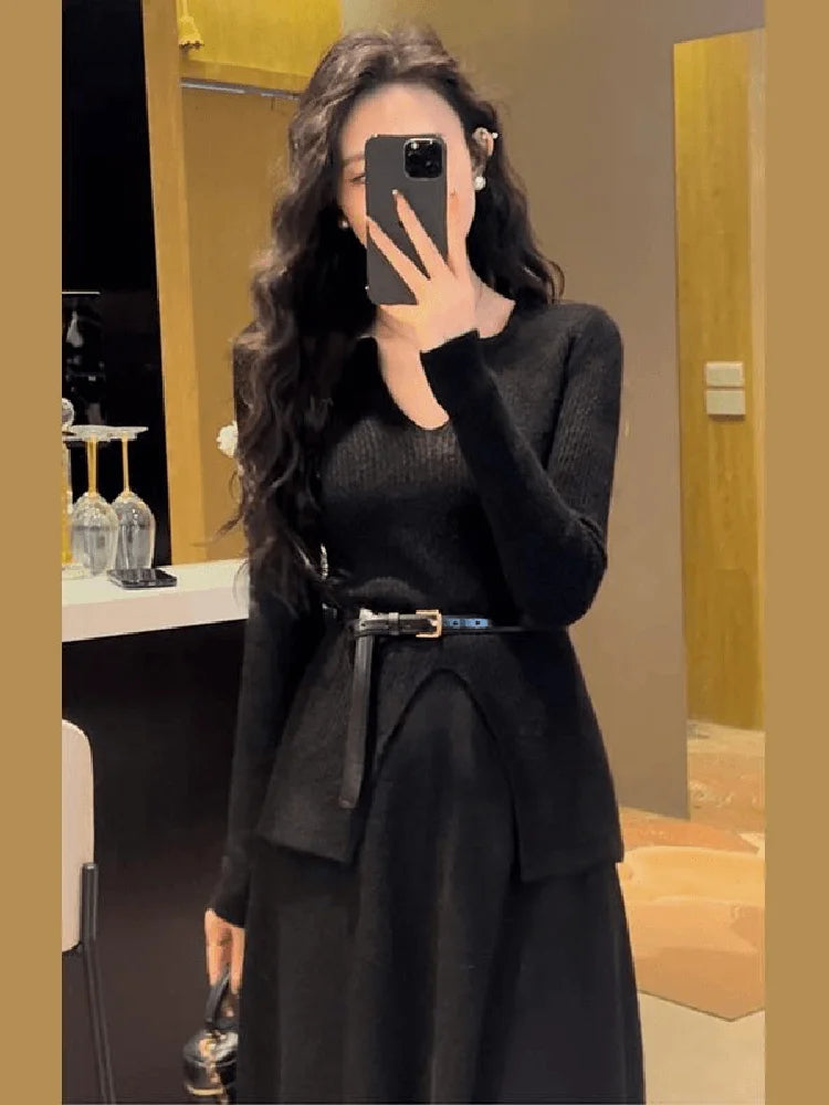 Hebe Style Knitted Two-Piece Set for Women – Slim Fit High Waist Sweater & Split Skirt | Elegant Autumn Winter Korean Outfit