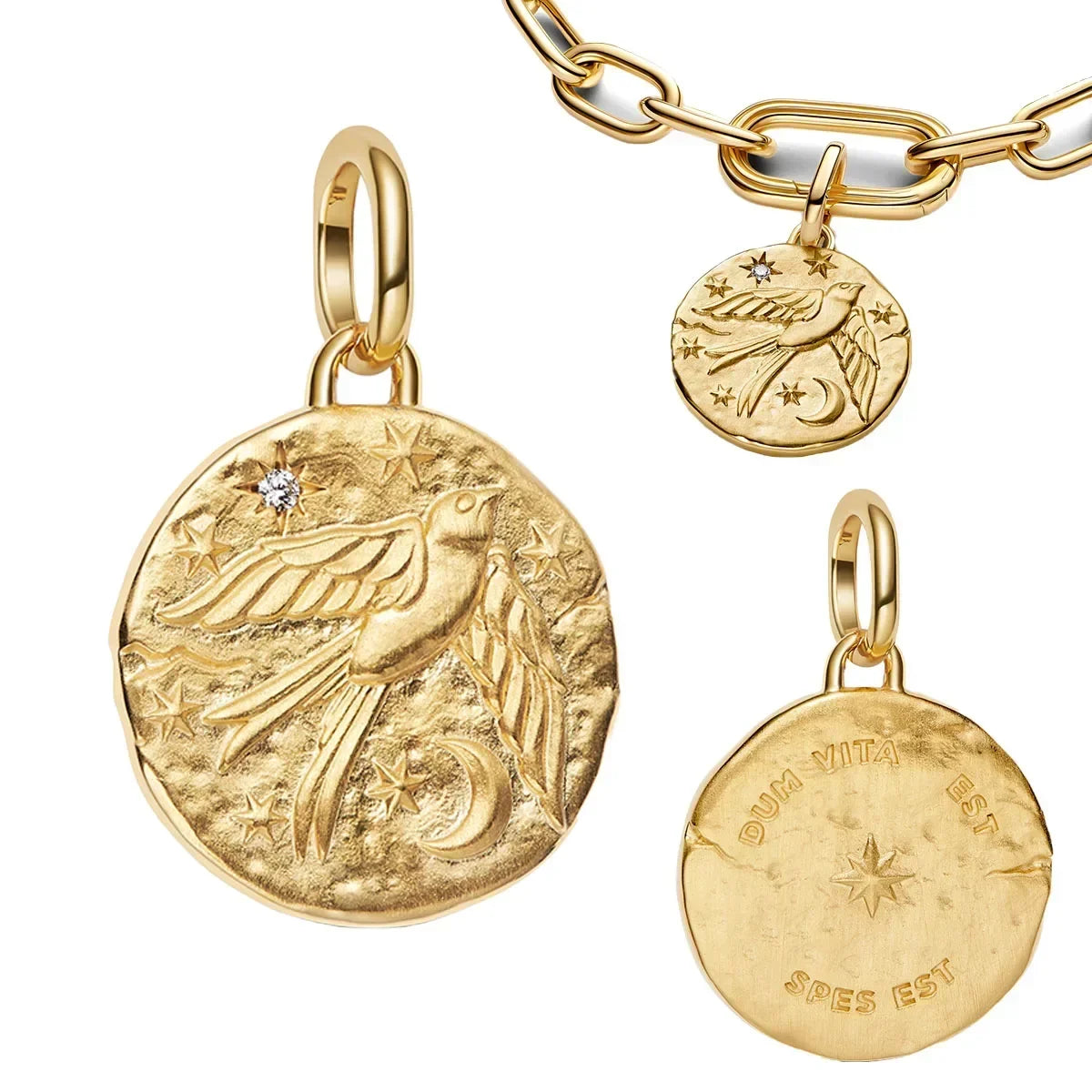 925 Sterling Silver Golden Round Necklace & Bow Earrings Set | Stars, Moon & Heart Charms Beads Women Jewelry Gift