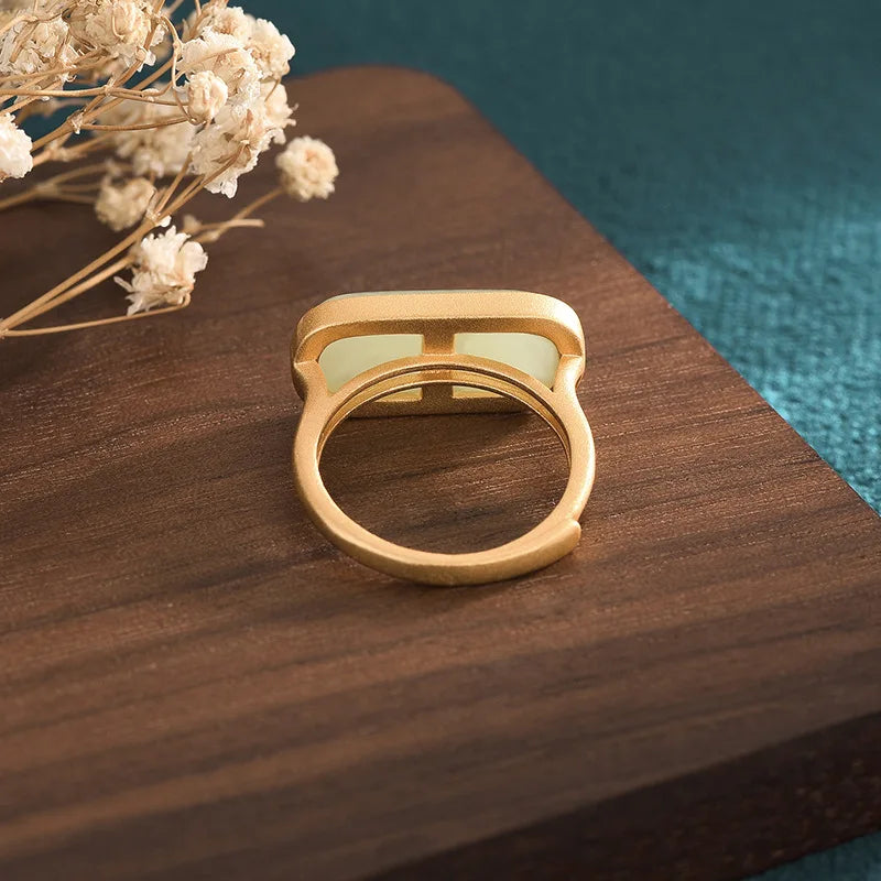 PANJBJ 925 Sterling Silver Hotan Jade Geometric Adjustable Ring | Retro Delicate Jewelry Gift for Women