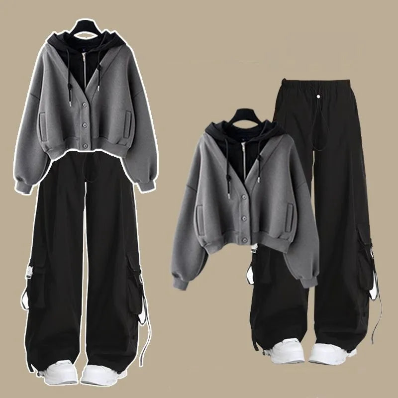 2025 Girls’ Autumn Winter Casual Tracksuit – Korean Style Hooded Sweatshirt & Loose Cargo Pants 👧❄️