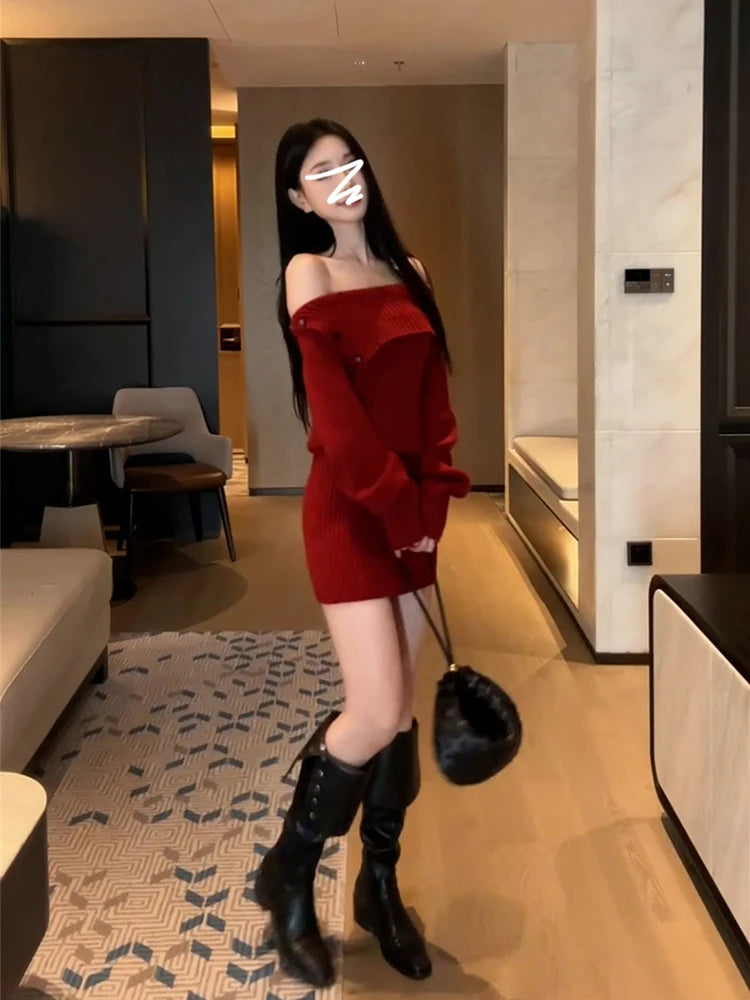 Early Autumn Red Wrap Bodycon Dress for Women 2025 – Knitted Pure Color Slim Fit Waist Dress