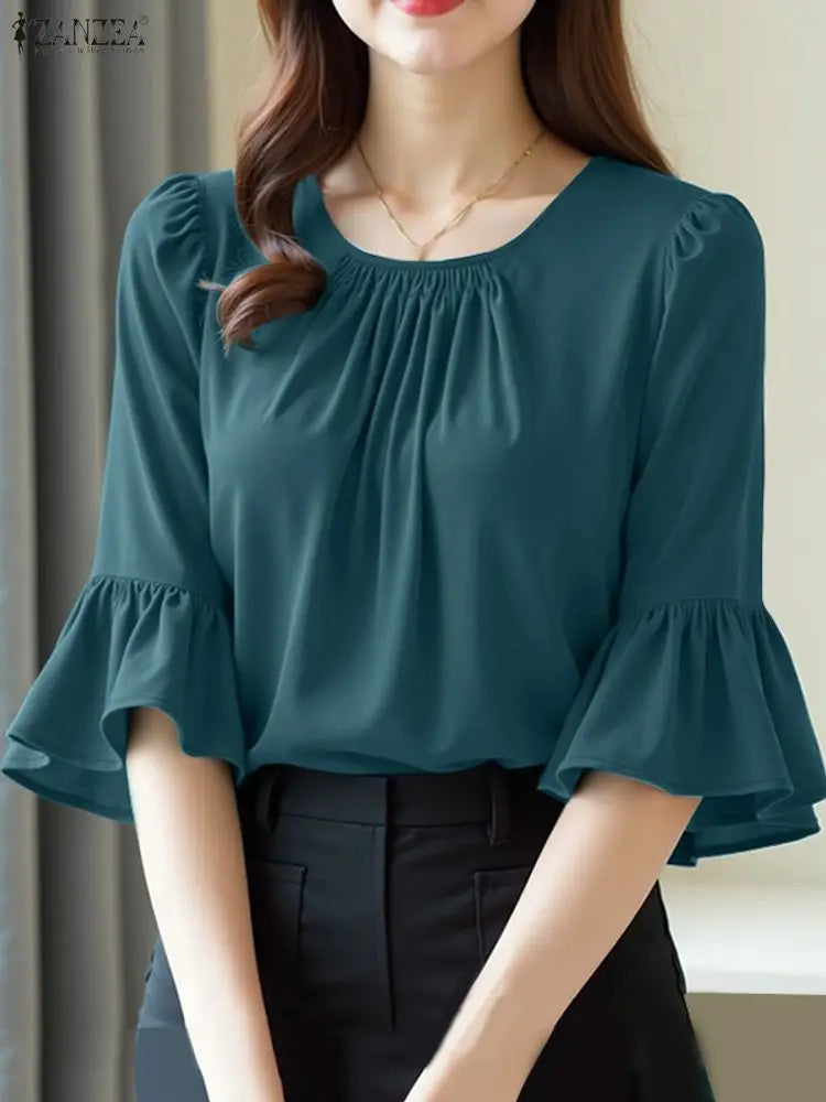 2025 ZANZEA Office Women Blouse – Elegant Solid O-Neck 3/4 Sleeve Summer Work Top 👚✨