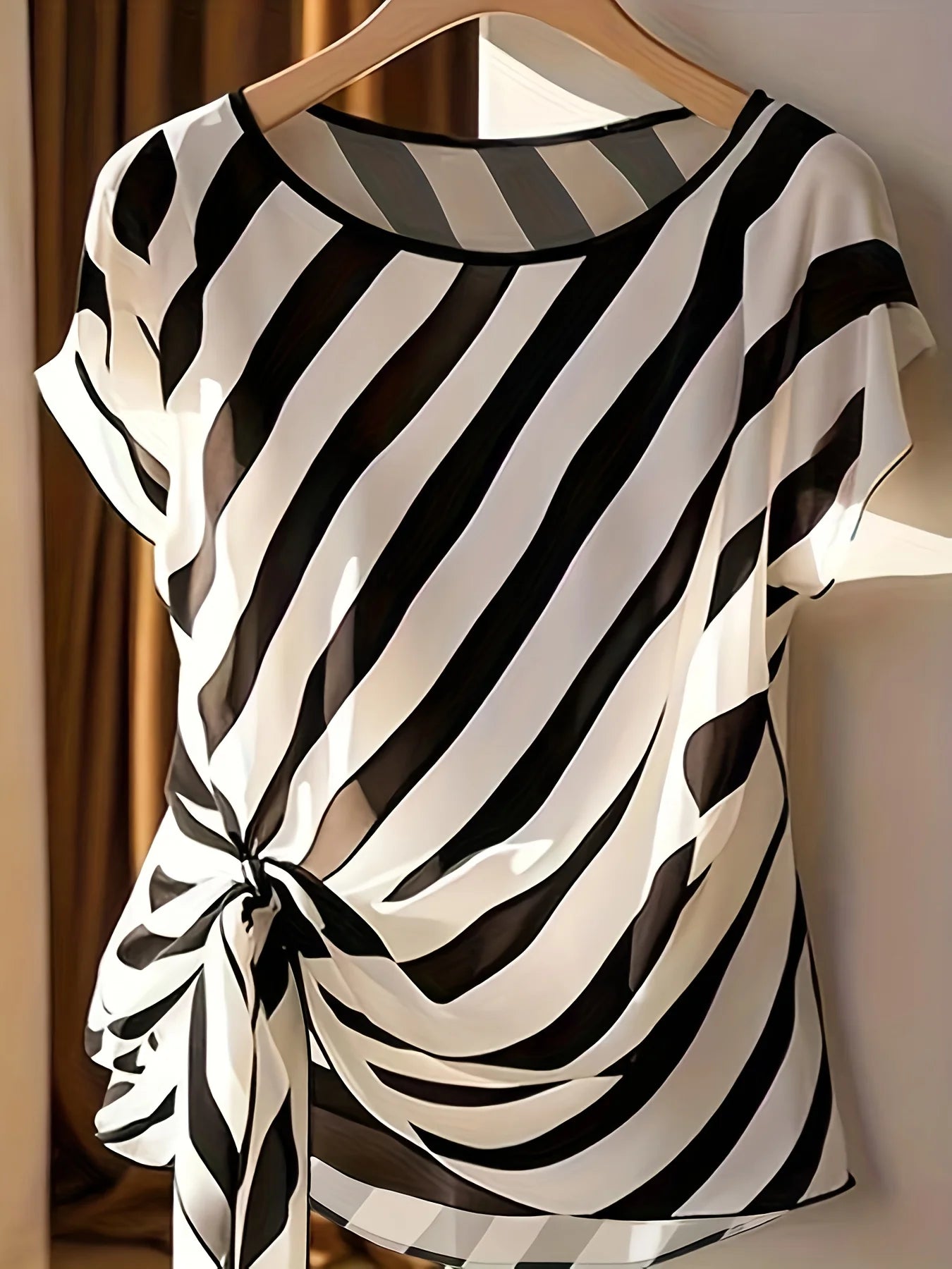 Women’s Striped Sleeveless Short Shirt – Round Neck Butterfly Waist Tie Casual Business Top 🦋✨