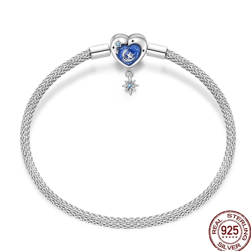 925 Sterling Silver Heart Moon Sun Clasp Charm Bracelet | 17–20CM Original Bracelet for Women | Fits Pandora DIY Beads Jewelry