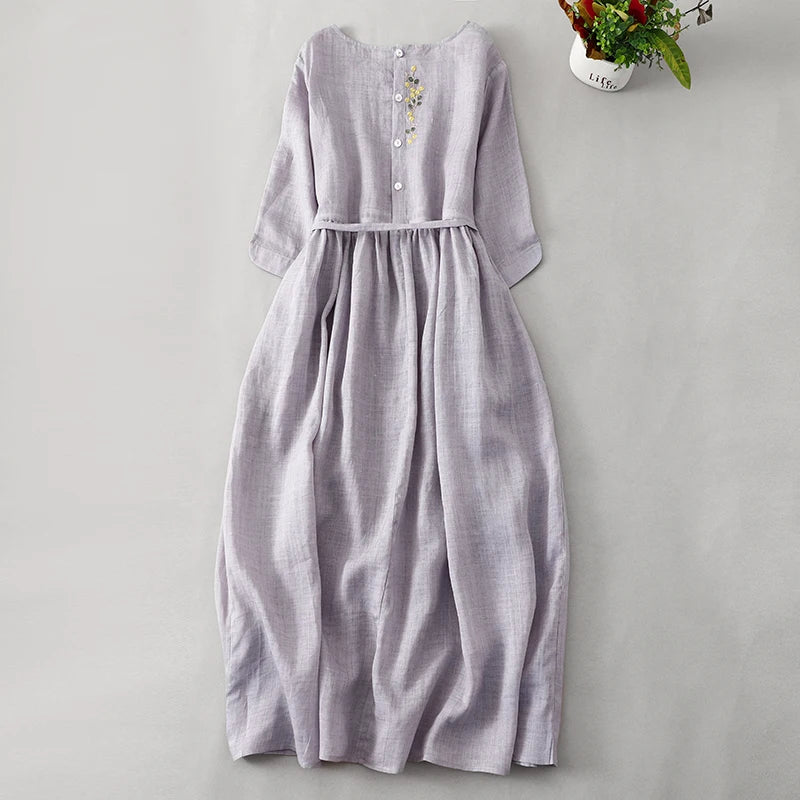 Elegant Embroidered Cotton Linen Long Dress – Women's Loose Waist Slimming Age-Defying Skirt, Spring, Summer & Autumn Fashion