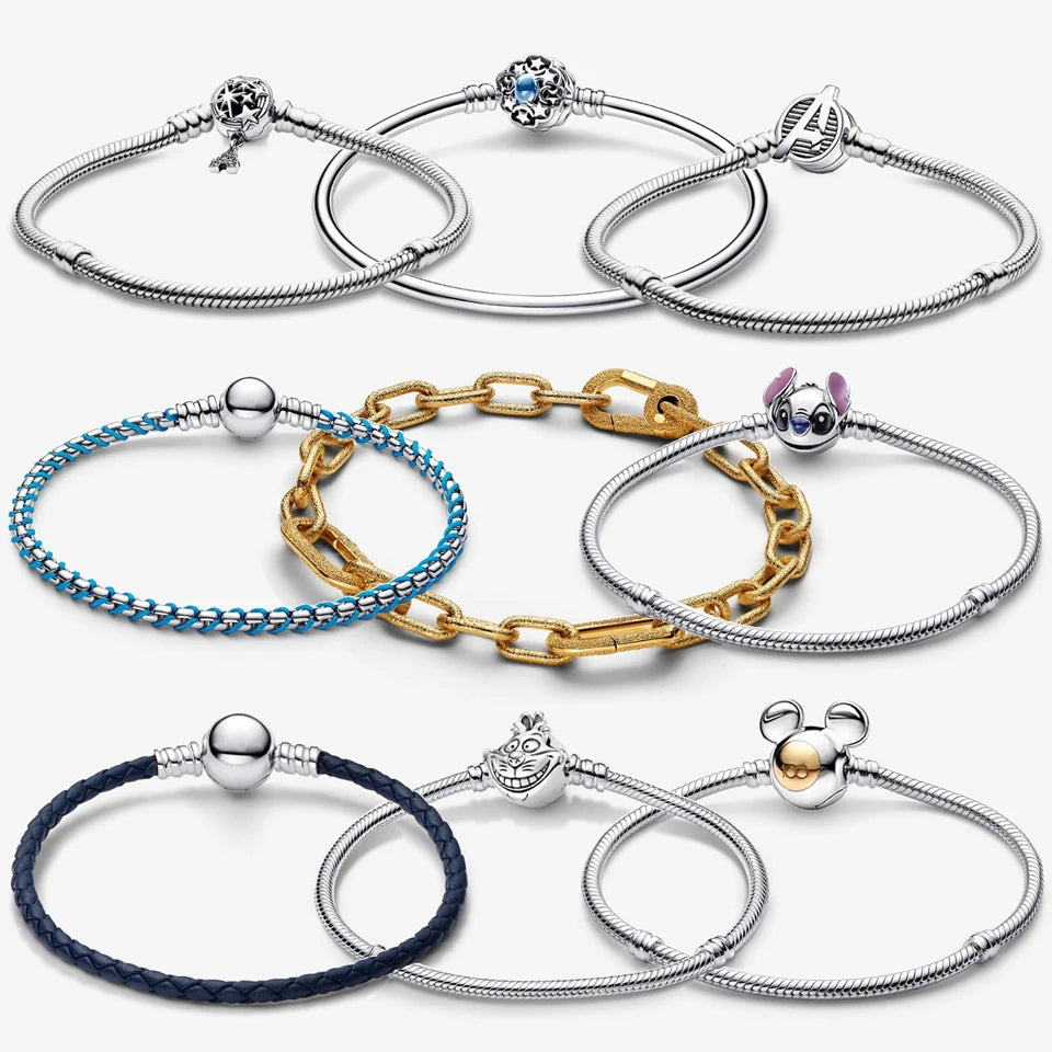 925 Sterling Silver Disney Minnie & Mickey Heart Charm Bracelet | Gold Bead ME Matte Braided Chain – Fashion DIY Jewelry