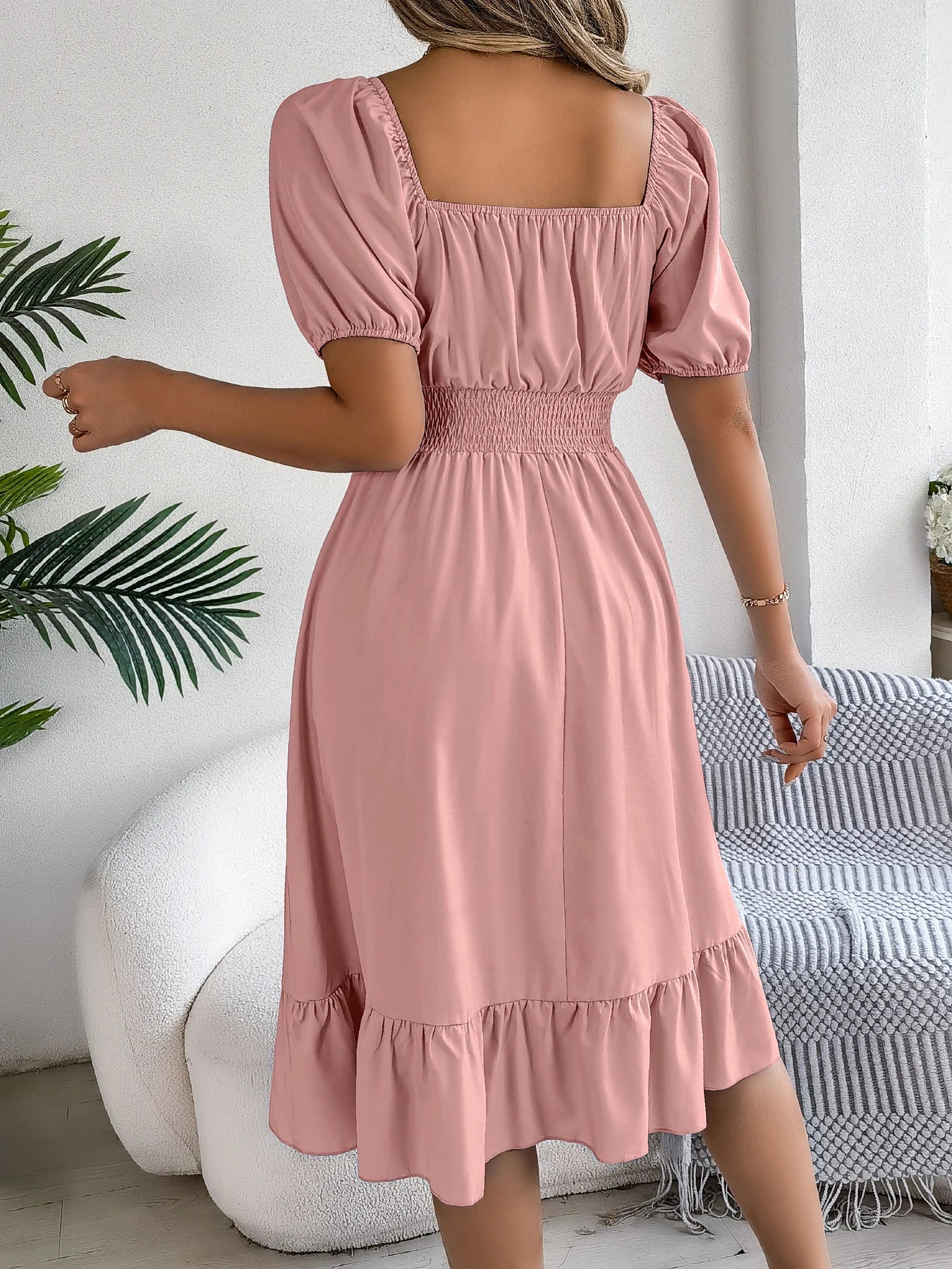 2026 Women’s Elegant High-Waisted Dress – Square Neck, Short Sleeve, Ruffled Edge Long Dress | Spring Summer Valentine’s Day
