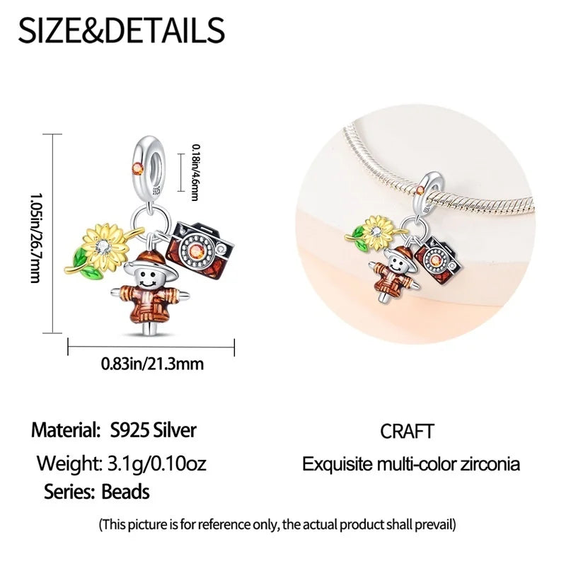 925 Sterling Silver Squirrel & Maple Leaf Charm | Shiny Zircon Autumn Beads Fit Pandora Bracelet DIY Jewelry