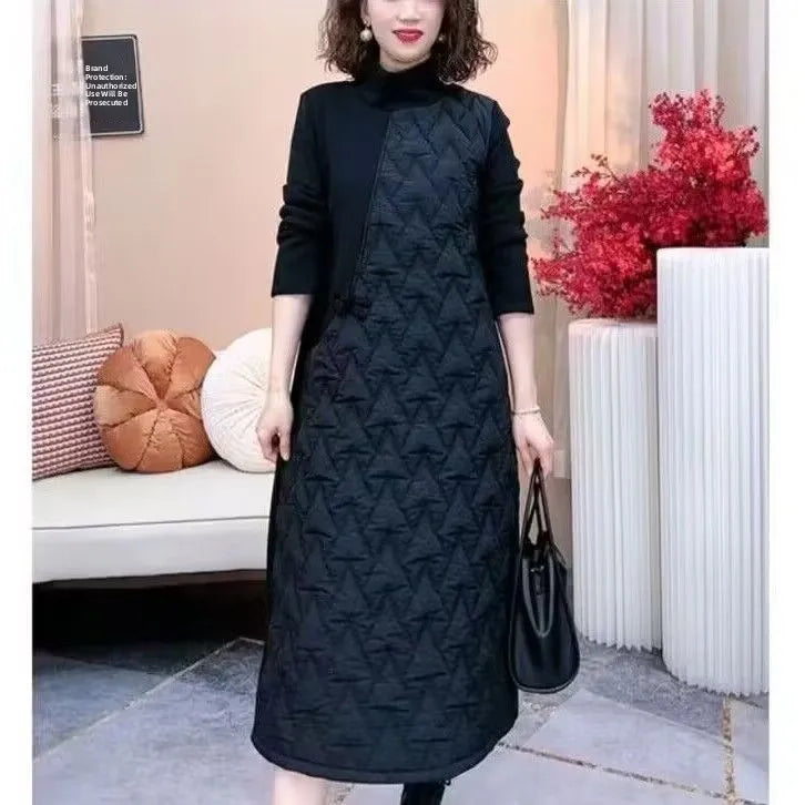 Thickened Fleece Winter Dress for Women – Cotton-Lined Plus Size Warm Mid-Length Straight Cut Chinese Style Fashion Dress
