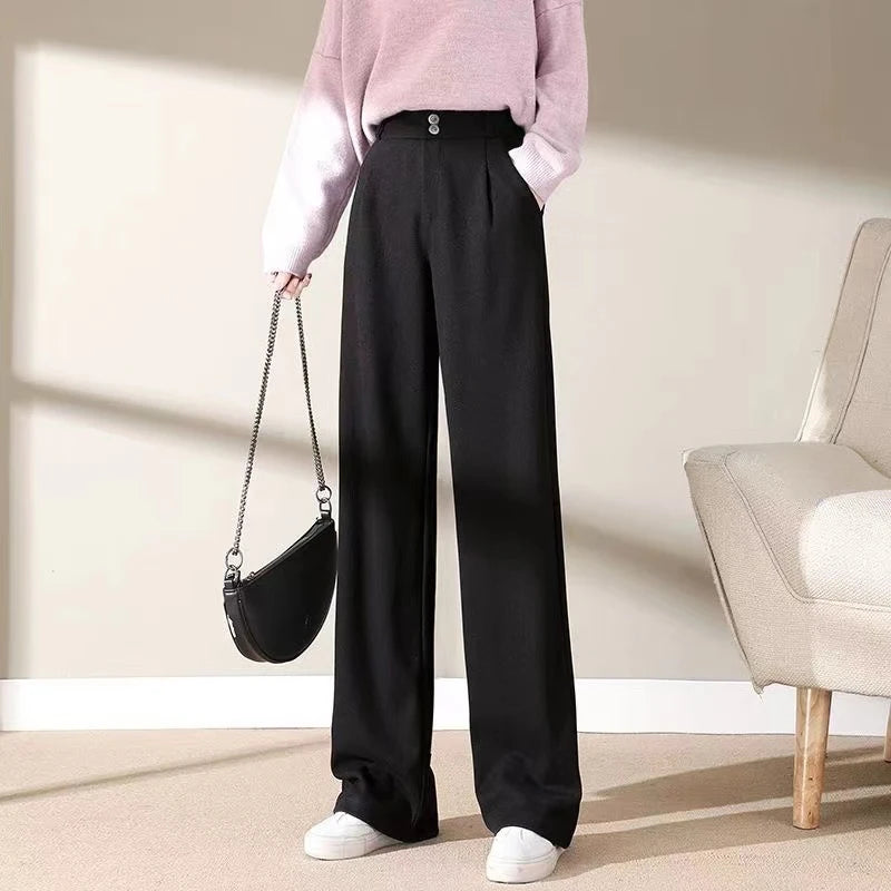2024 Autumn Winter Women’s Woolen Wide Leg Pants – High Waist Thick Draping Trousers