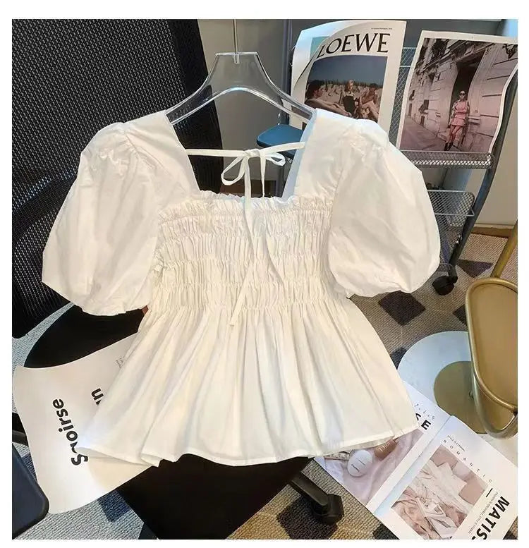 Summer 2025 New Sle Square Collar Pleated ort Sve Doll irt Women Small Size Bubble Sve Chiffon Blouse Top