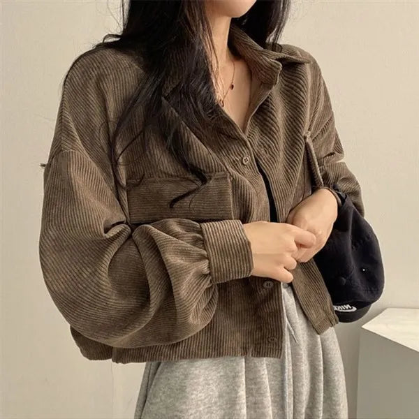 Black Corduroy Cardigan for Women | Korean Loose Fit Long Sleeve Jacket 2025