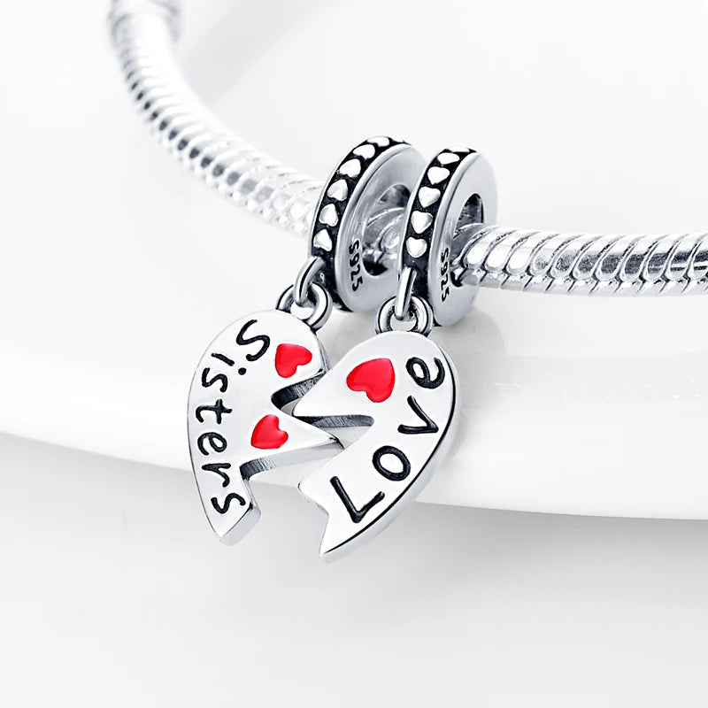 925 Sterling Silver Sweetheart Sister Charm | Fit Original Pandora & 3mm Bracelets DIY Jewelry Gift for Women