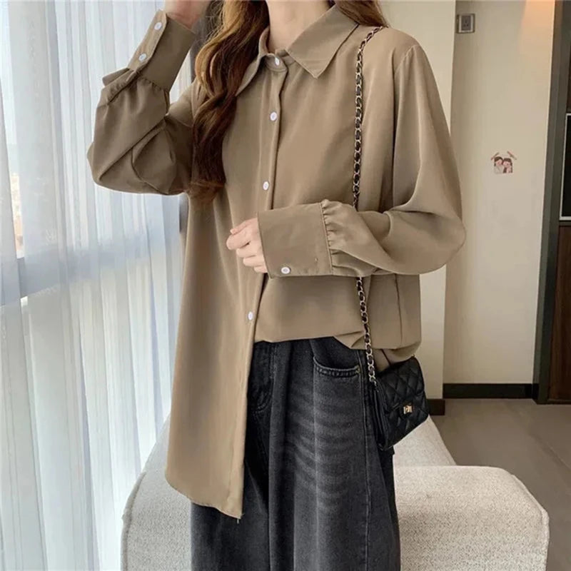Women’s Chiffon White Shirt – Korean Fashion Loose Long Sleeve Elegant Office Blouse 🤍✨