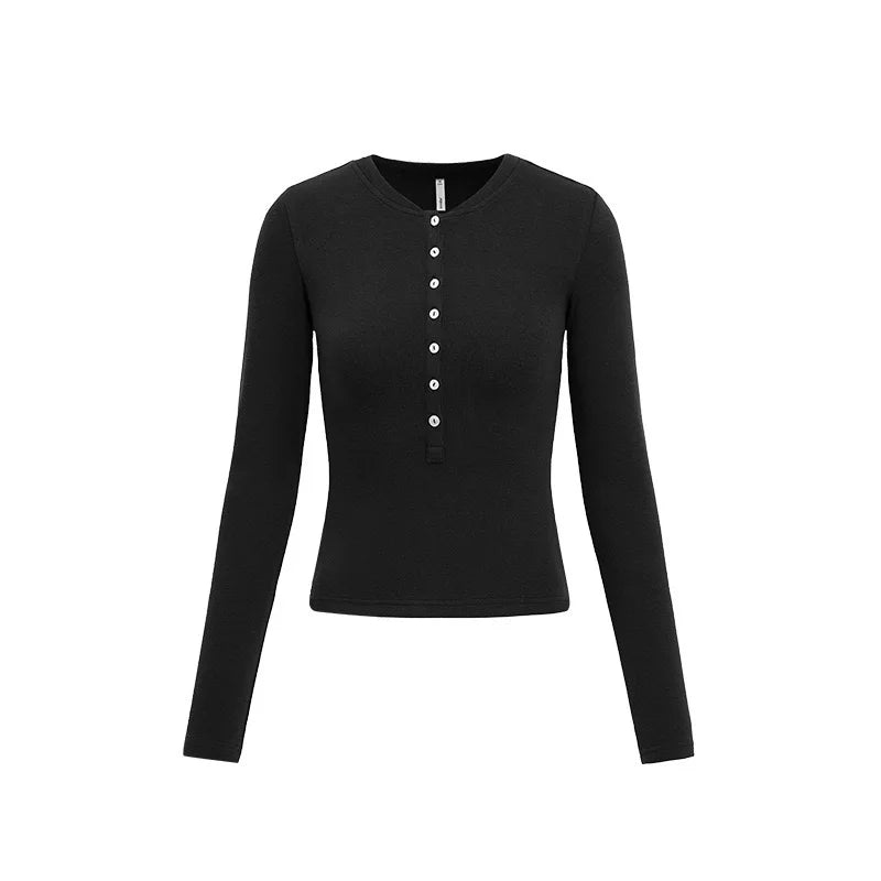 Women’s Casual Henley Neck Long Sleeve T-Shirt – Minimalist Solid Skinny Lenzing Lyocell Top