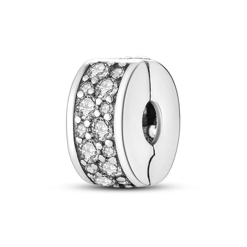 925 Sterling Silver CZ Pave Daisy Clip Charm & Safety Chain – Fits Original Pandora Bracelet, Women’s Silver Stopper Beads Jewelry