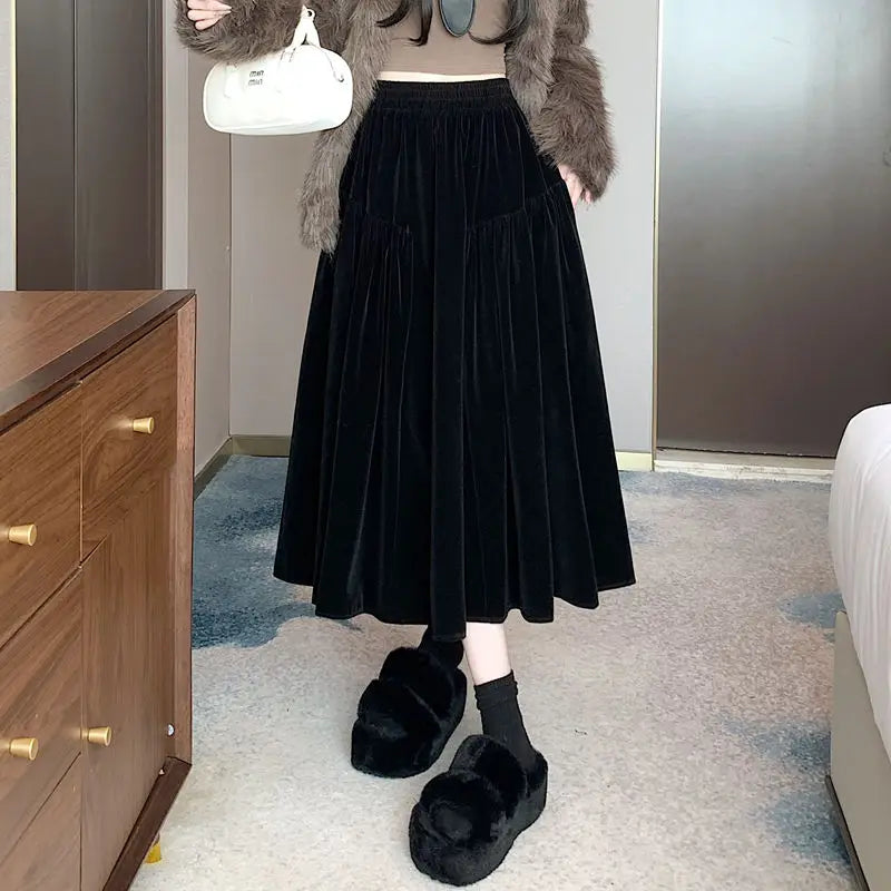 Plus Size Black Velvet Midi Skirt – High Waist A-Line Autumn Winter Mid-Length Skirt for Women