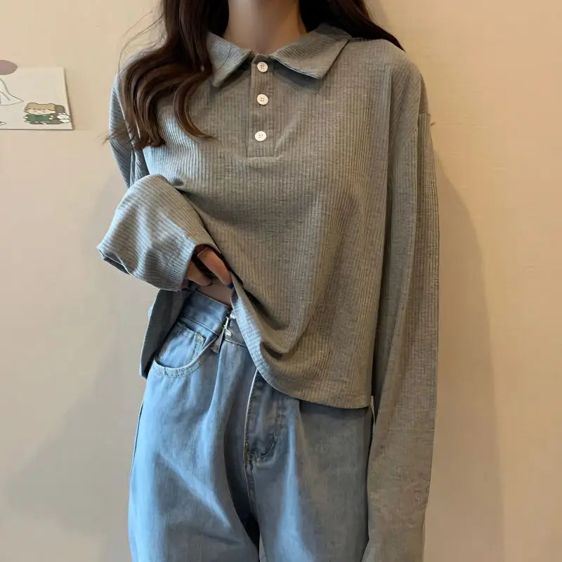 Women’s Knit Polo Neck Cropped Shirt – Summer Short Sleeve Solid Color Youthful Top 👚☀️