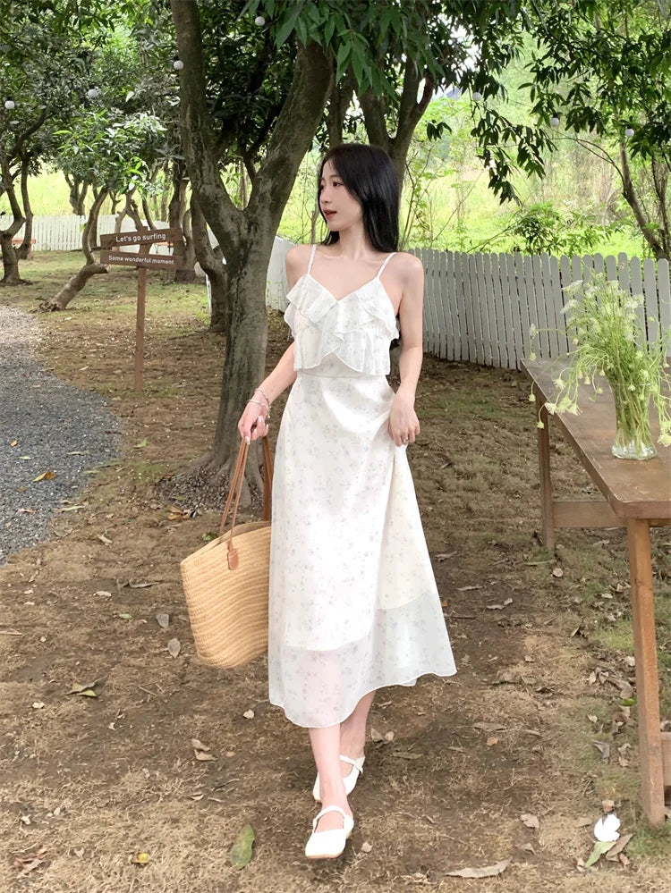 Floral Print Chiffon Tiered Dress – Slimming Tea Break V-Neck Skirt with Plant & Floral Pattern | Women’s Commute Wear