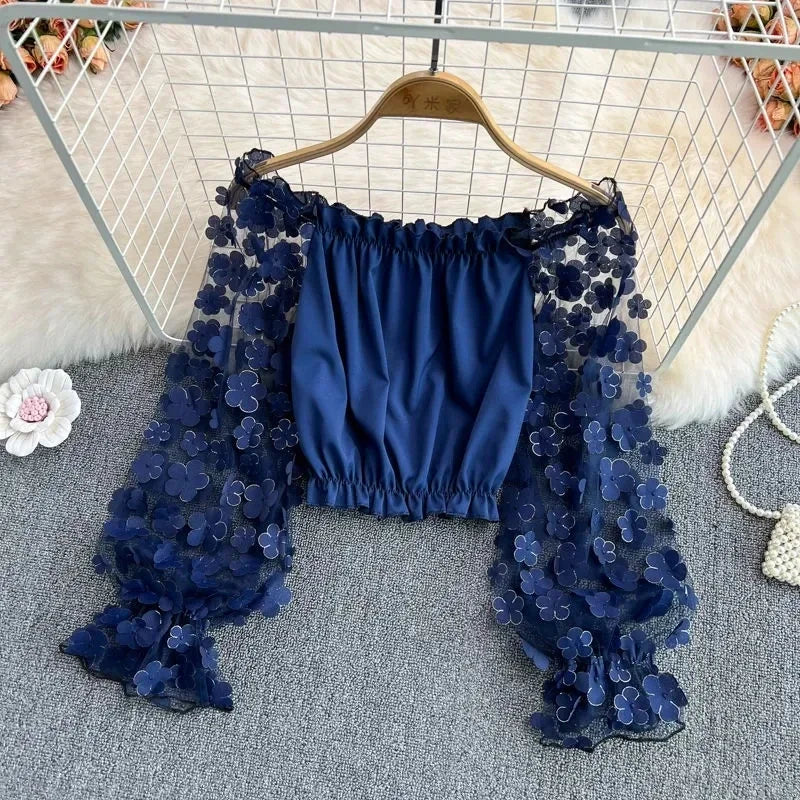 Women’s 2025 Flower 3D Slash Neck Long Sleeve Blouse – Korean Summer Fashion Top 🌸✨