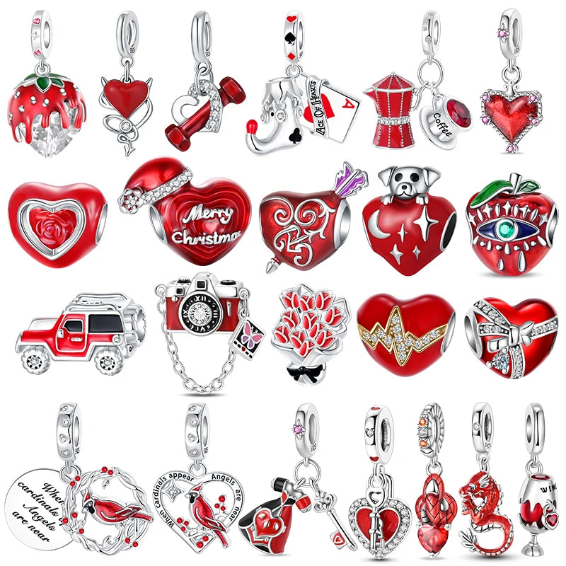 925 Sterling Silver Red Series Charms | Heart, Car & Strawberry Dangle Beads for Original Bracelet DIY Jewelry