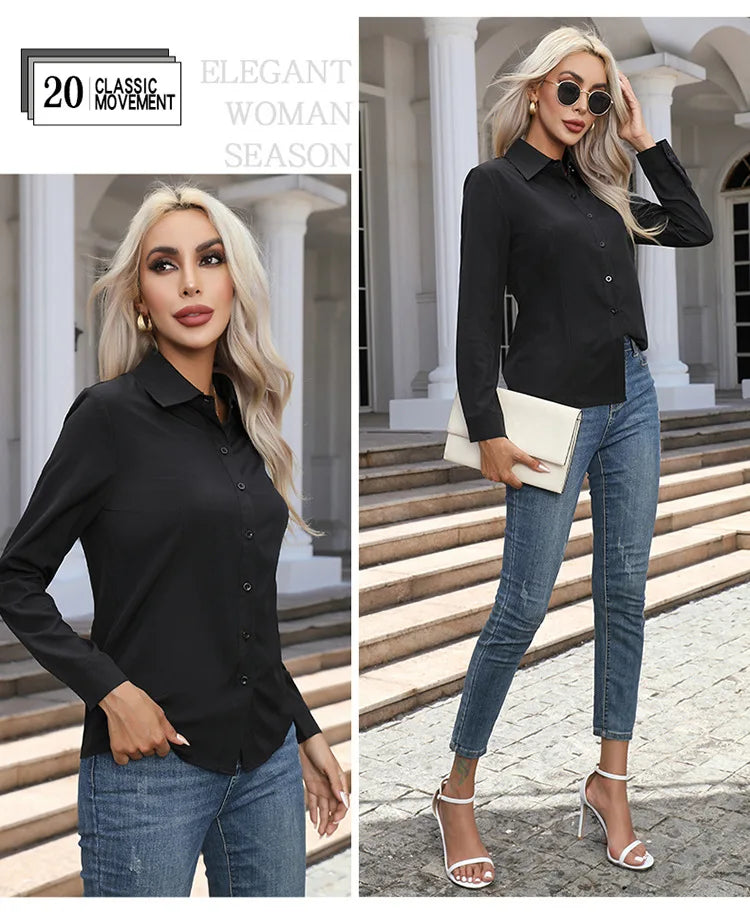 Women’s Solid Color Long Sleeve Shirt – Spring Autumn Casual Turn-Down Collar Loose Top