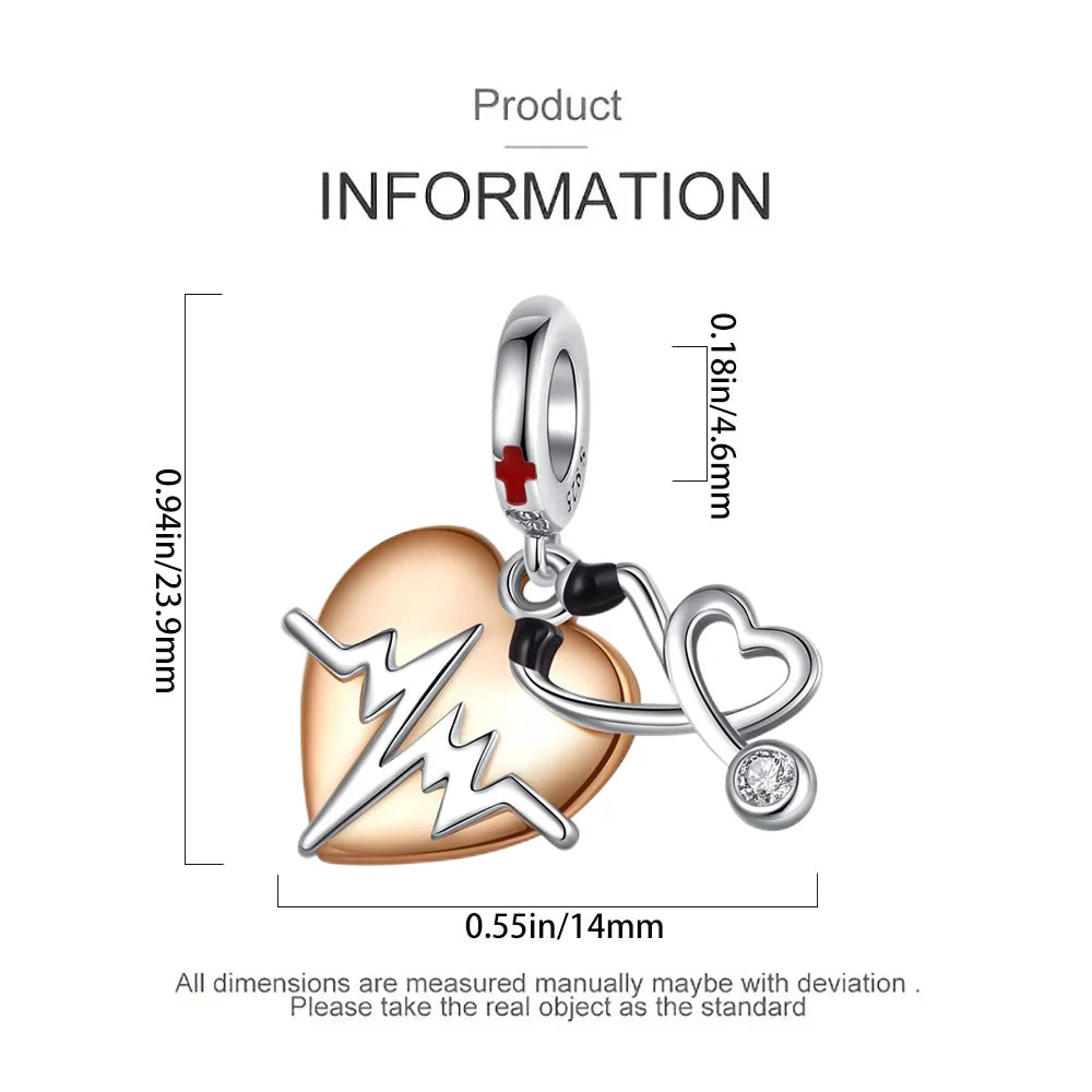 2025 Hot Sale 925 Sterling Silver Heartbeat & Stethoscope Dangle Charm Bead | Fit Pandora Bracelet