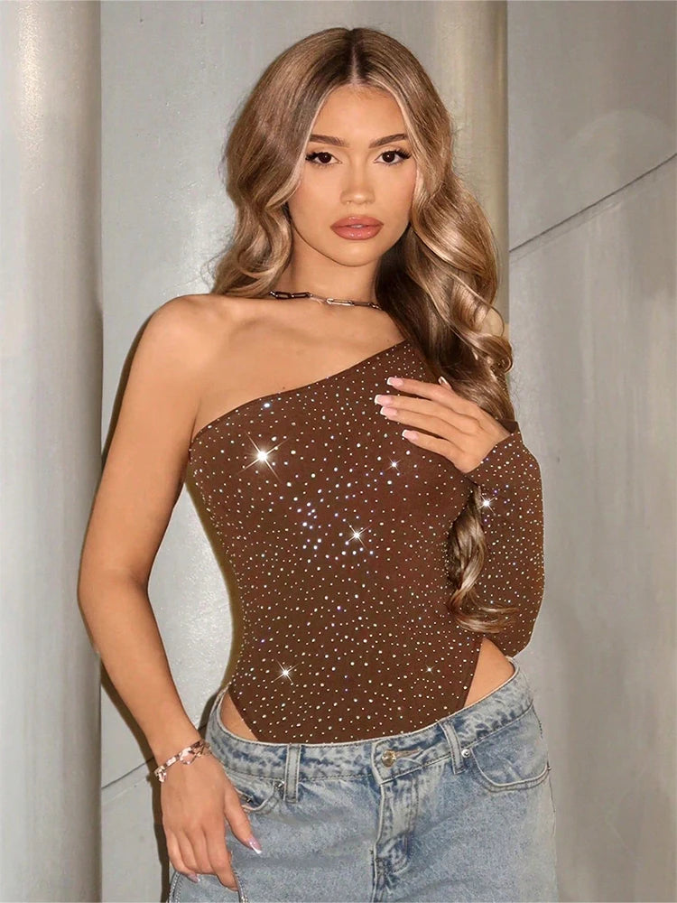FHSEER Women’s Sexy One Shoulder Rhinestone Bodysuit – Asymmetric Long Sleeve Slim Fit Party Outfit ✨🔥