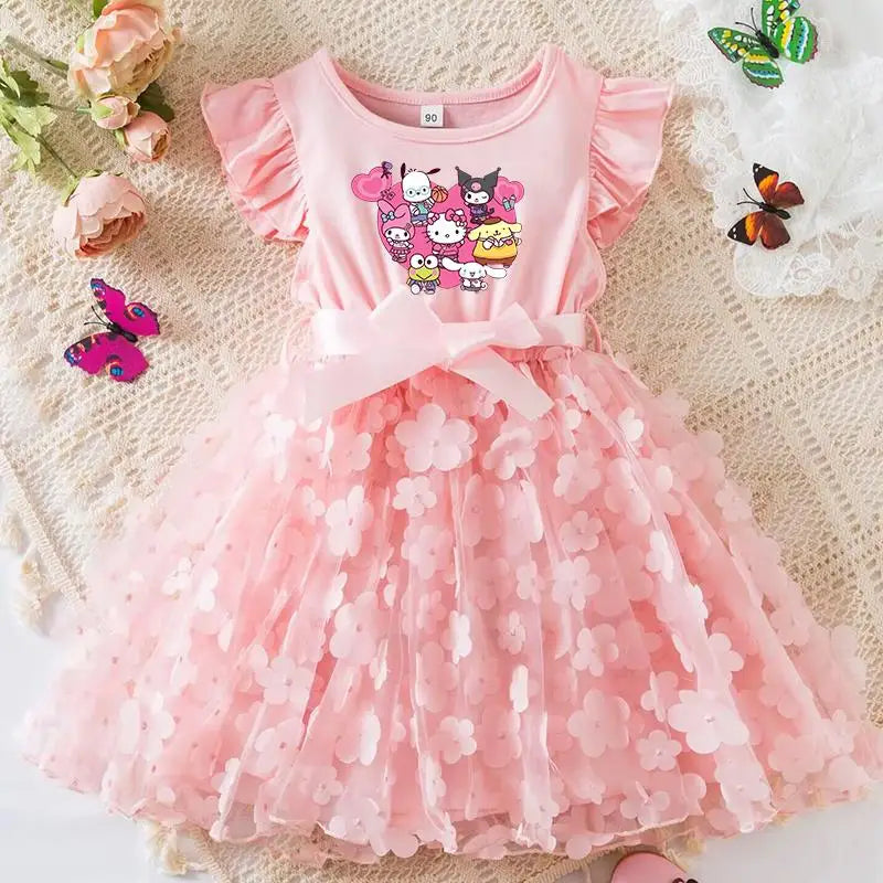 Hello Kitty Girls Tulle Flower Princess Dress | Wedding & Party Tutu Dress | Sleeveless Birthday Gift Outfit