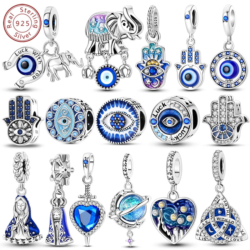 Blue 925 Sterling Silver Rotating Evil Eye Palm Moon Starry Sky Charms | Fit Original Bracelet Pendant Women Jewelry