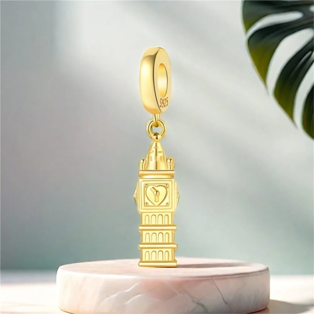 925 Sterling Silver Golden London Big Ben Charm Pendant | Travel Series Bead for Women DIY Bracelet Jewelry Gift