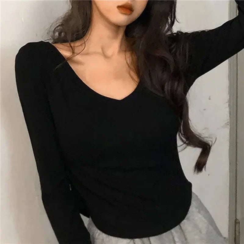 2024 Sexy V-Neck Long Sleeve T-Shirt for Women | Elastic Thin Solid Top for Spring & Autumn