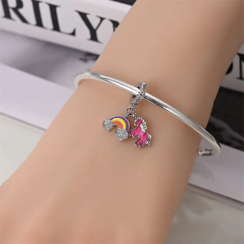 925 Silver Plated Magic Mirror Princess Angel Pink Charm Beads | Fits Original Pan 925 Bracelet | Exquisite DIY Jewelry
