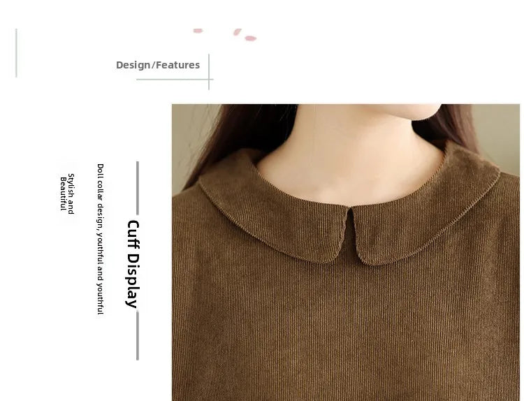 Corduroy Long Sleeve Doll Collar Dress 👗 Autumn Winter Loose A-Line Casual Midi Dress 🍂 Simple Chic Commute Dress