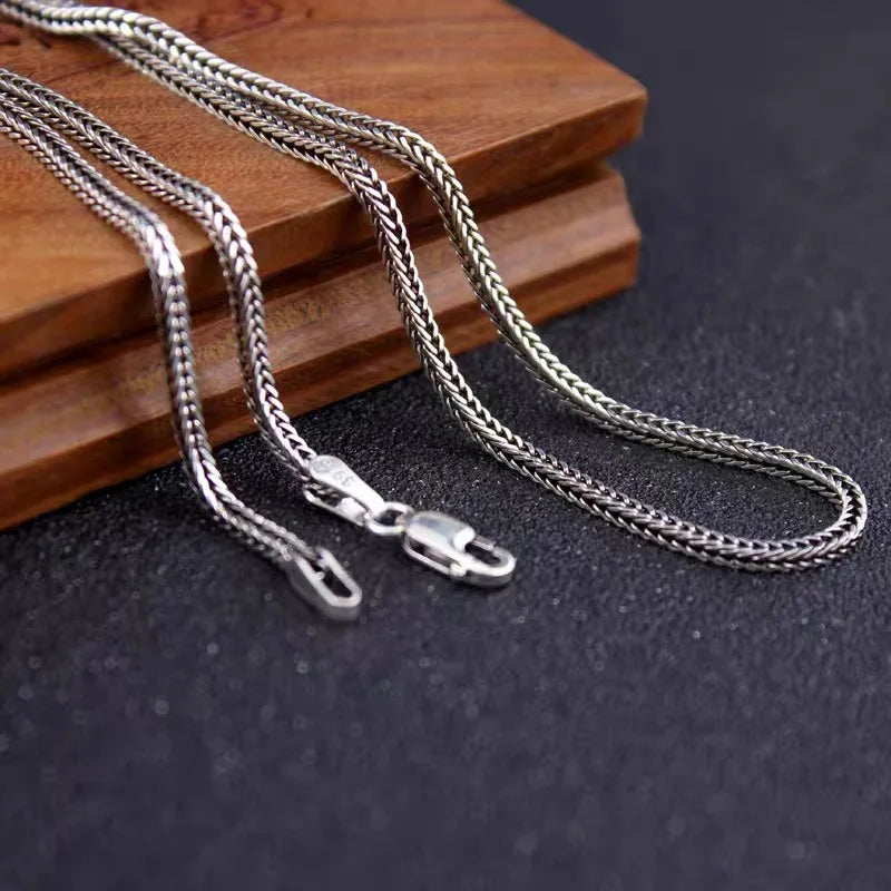 Real S925 Sterling Silver Foxtail Necklace for Men – 1.6mm Solid Snake Bone Chain Vintage Jewelry