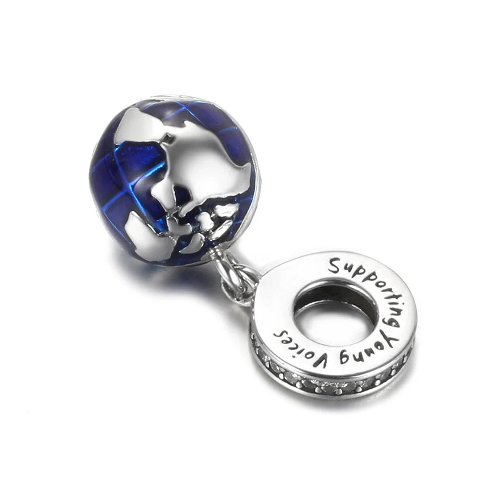 925 Sterling Silver Blue Planet & Dolphin Galaxy Dangle Charm | Women’s Bracelet DIY Jewelry