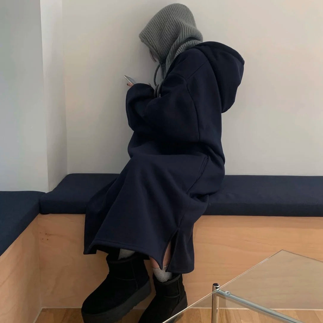 Chic Winter College Long Hoodie Dress ❄️ Lazy Fleece A-Line Side Slit Dress 👗 Pure Color Polyester Fiber 🧵