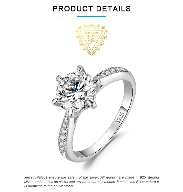 JewelryPalace Moissanite D Color Round Ring | 1–3ct S925 Sterling Silver Wedding & Engagement Ring